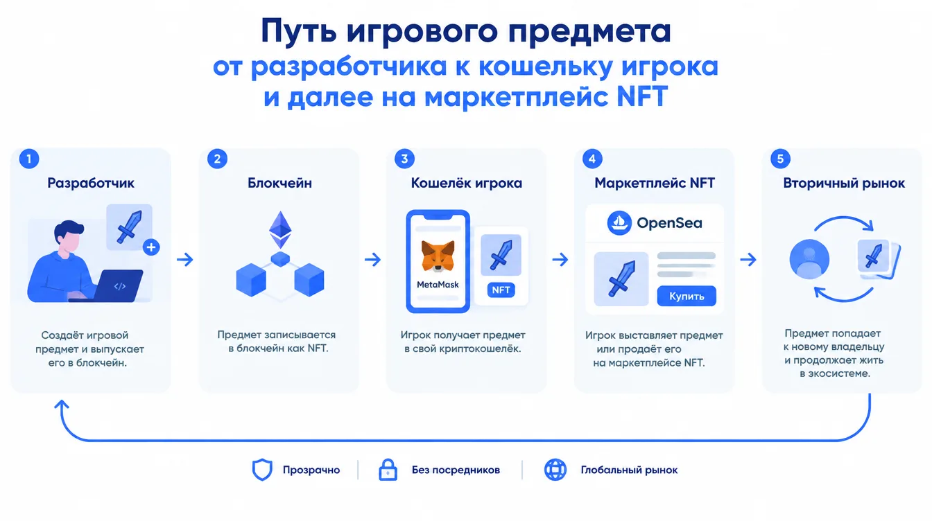 Схема: путь игрового предмета от разработчика к кошельку игрока и далее на маркетплейс NFT
