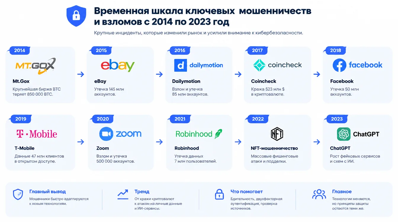 Схема: временная шкала ключевых мошенничеств и взломов с 2014 по 2023 год