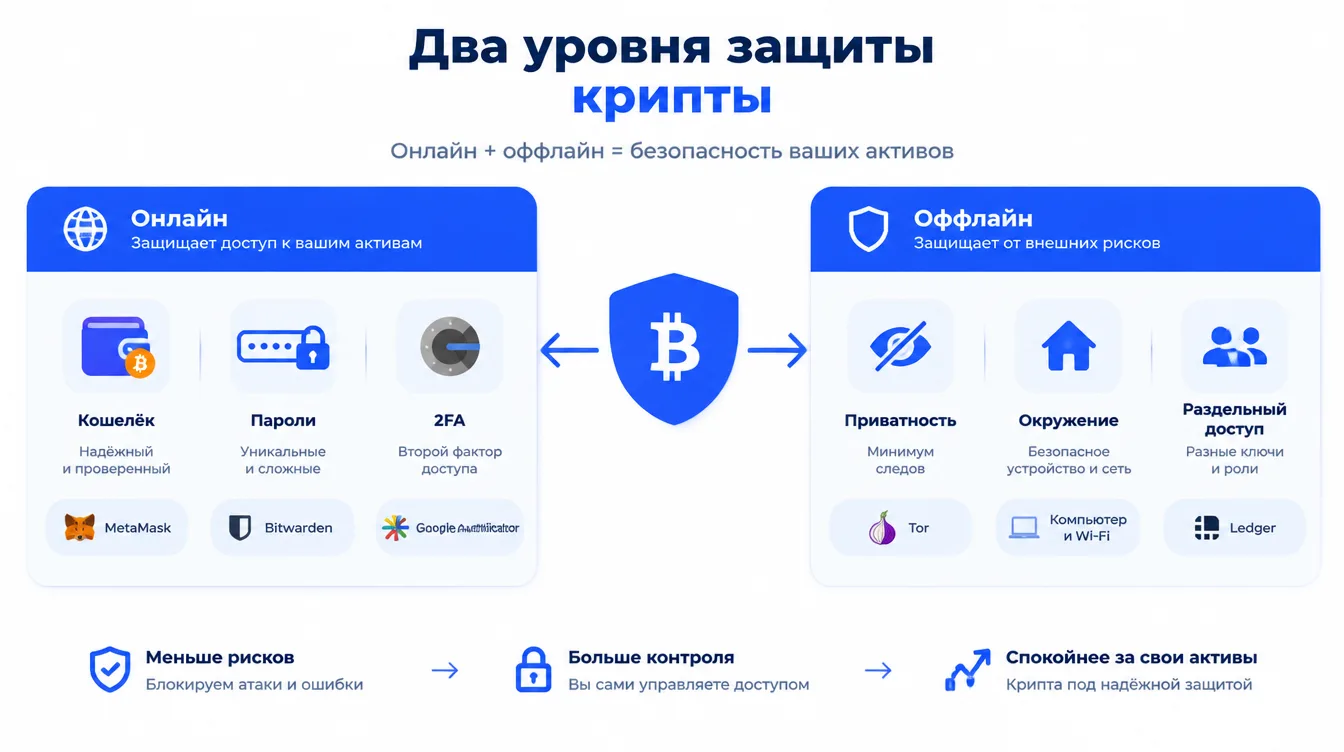 Схема: два уровня защиты крипты — онлайн (кошелёк, пароли, 2FA) и оффлайн (приватность, окружение, раздельный доступ)