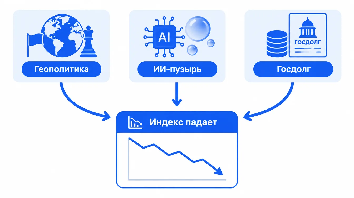 Схема: три стрелки (геополитика, ИИ-пузырь, госдолг) сходятся к графику с падающим индексом
