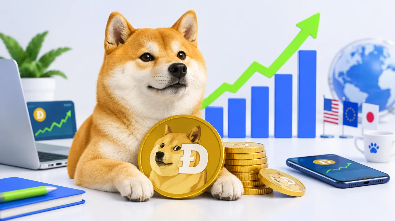 Иллюстрация: шиба-ину на фоне монеты Dogecoin и растущего графика цены