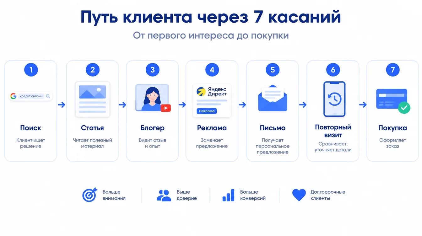 Схема: путь клиента через 7 касаний — поиск, статья, блогер, реклама, письмо, повторный визит, покупка