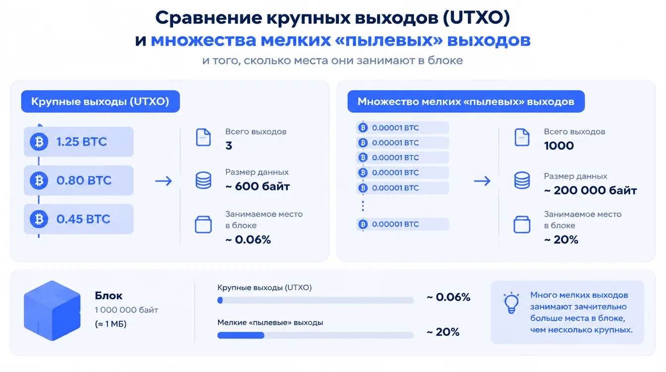 Схема: сравнение крупных выходов (UTXO) и множества мелких «пылевых» выходов и того, сколько места они занимают в блоке