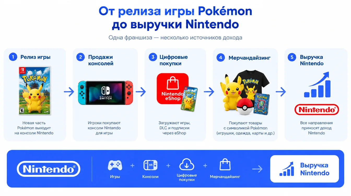 Инфографика: цепочка от релиза игры Pokémon до выручки Nintendo — продажи игры, консолей, цифровые покупки, мерчандайзинг