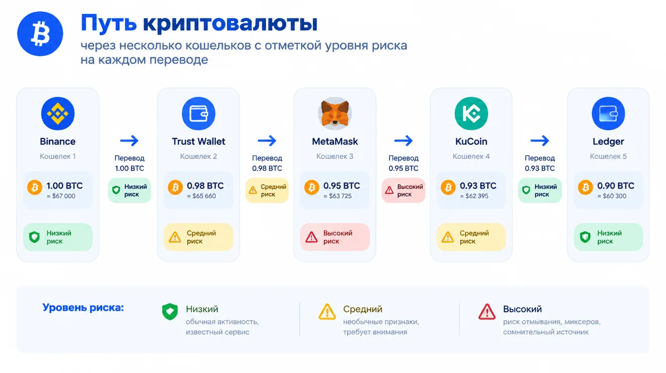 Схема: путь криптовалюты через несколько кошельков с отметкой уровня риска на каждом переводе
