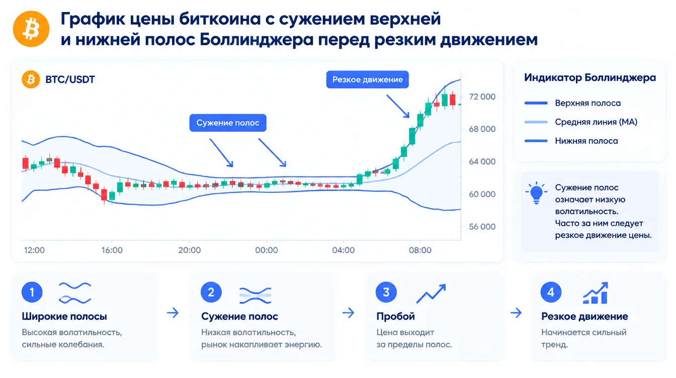 Схема: график цены биткоина с сужением верхней и нижней полос Боллинджера перед резким движением