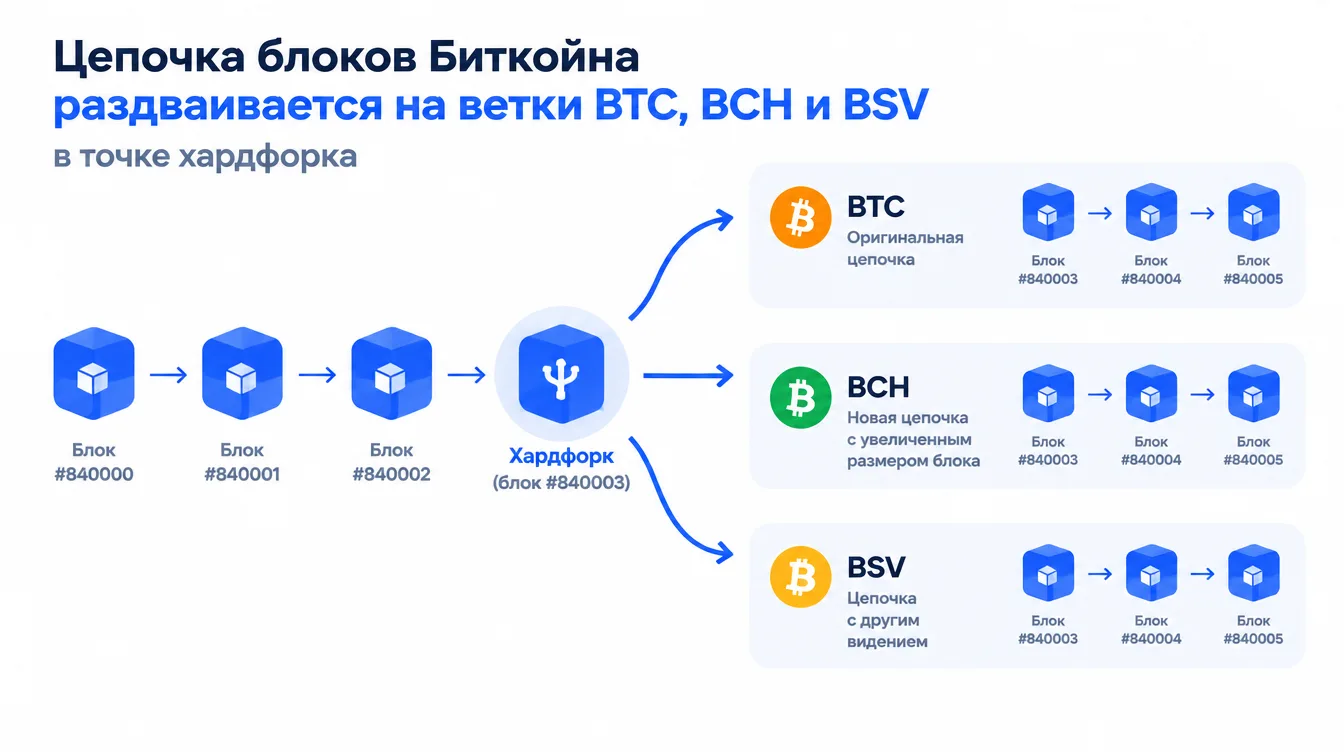 Схема: цепочка блоков Биткойна раздваивается на ветки BTC, BCH и BSV в точке хардфорка