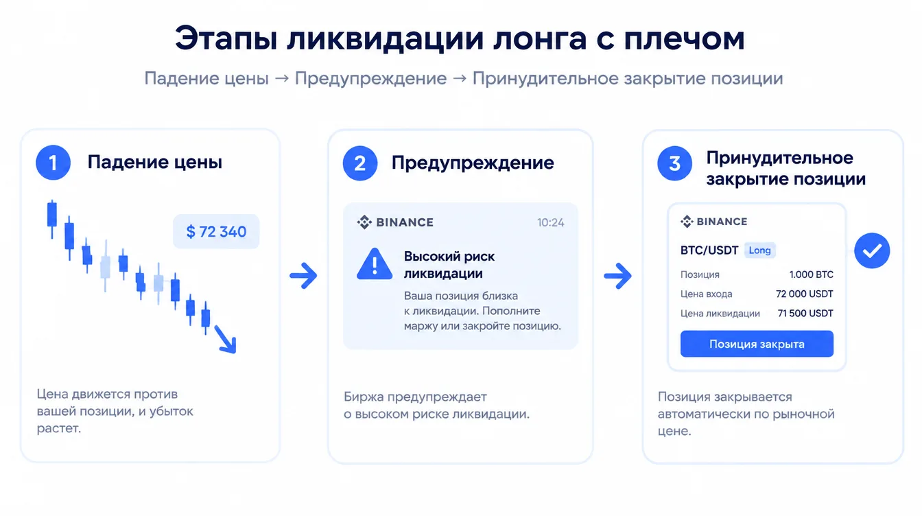 Схема: этапы ликвидации лонга с плечом — падение цены, предупреждение, принудительное закрытие позиции