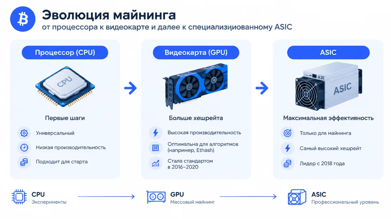 Схема: эволюция майнинга от процессора к видеокарте и далее к специализированному ASIC