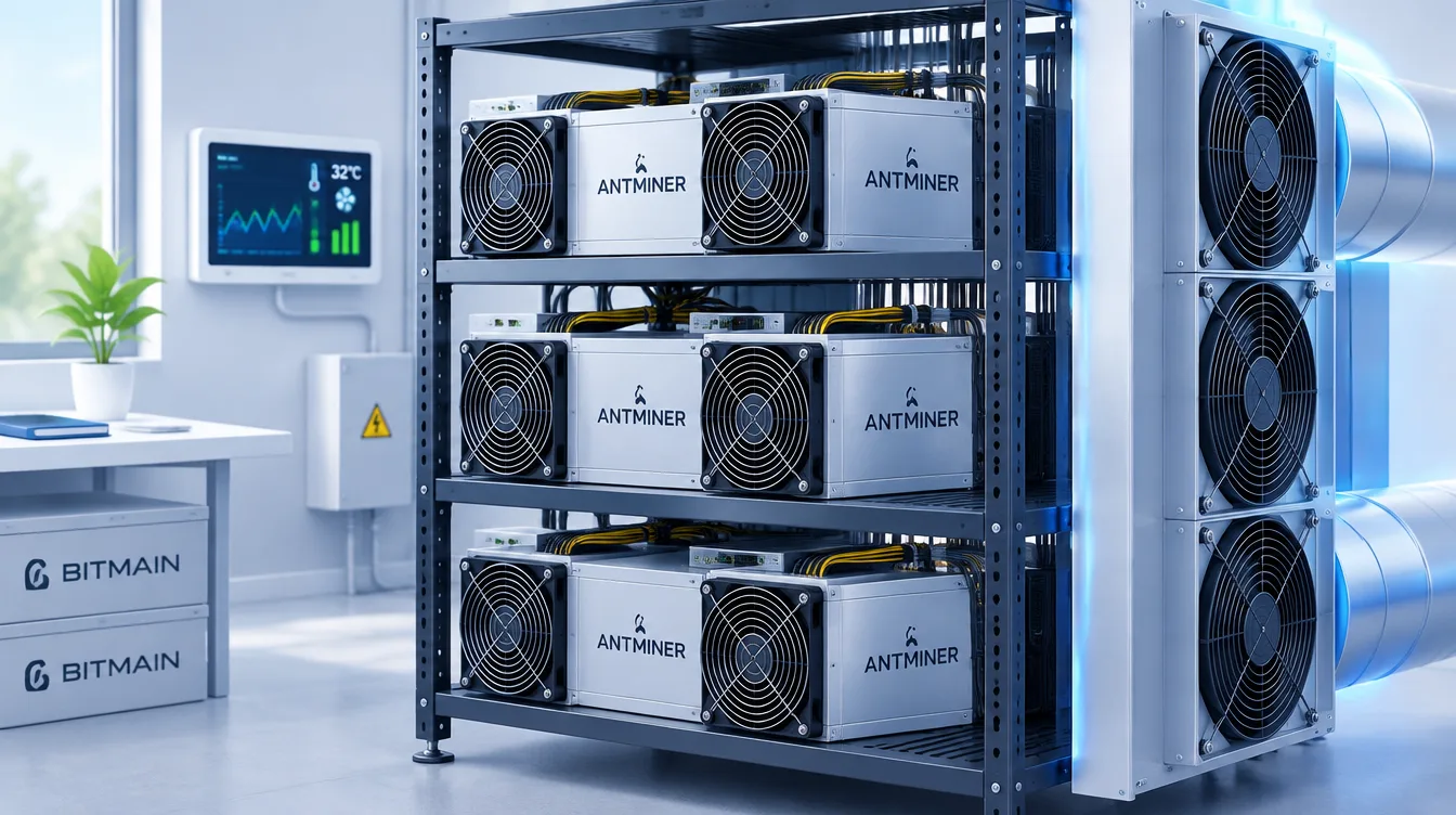 Фото: серверный стеллаж с несколькими ASIC-майнерами Antminer и системой воздушного охлаждения