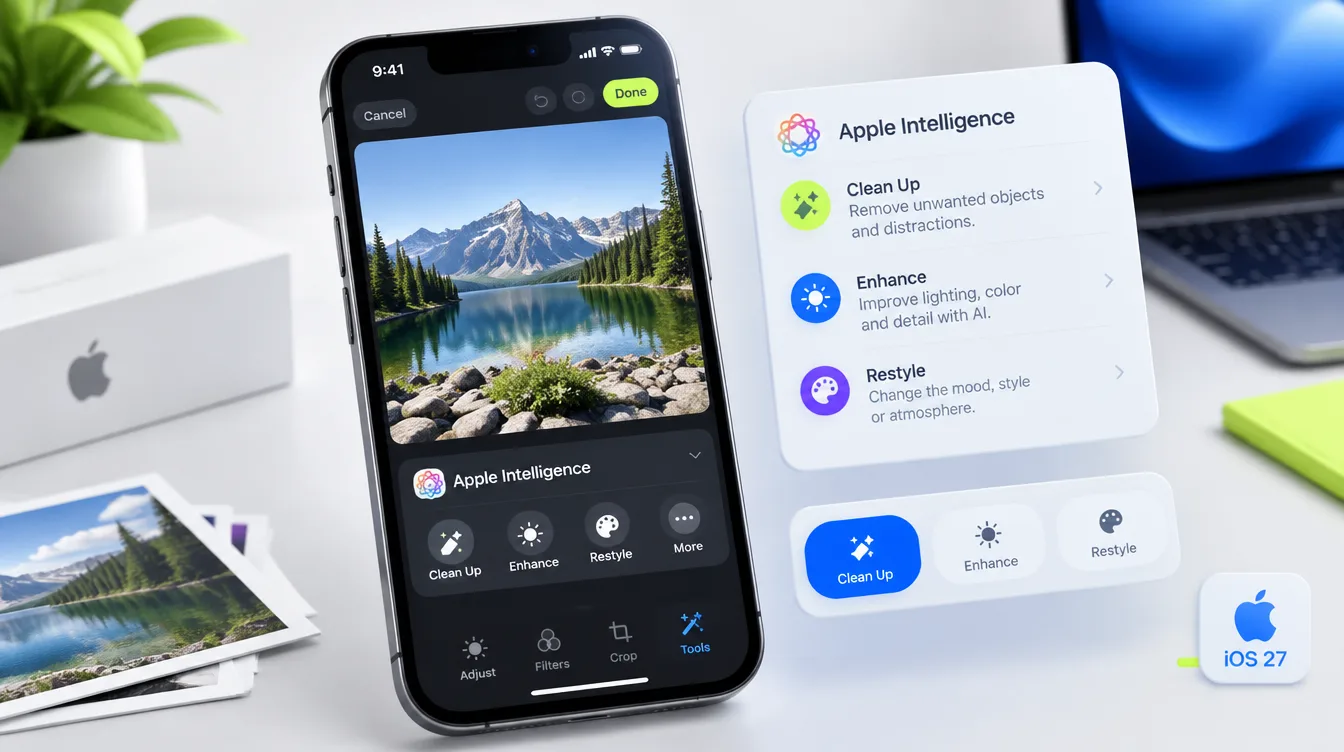Концепт: интерфейс редактора фото на iPhone с разделом инструментов Apple Intelligence и тремя кнопками режимов