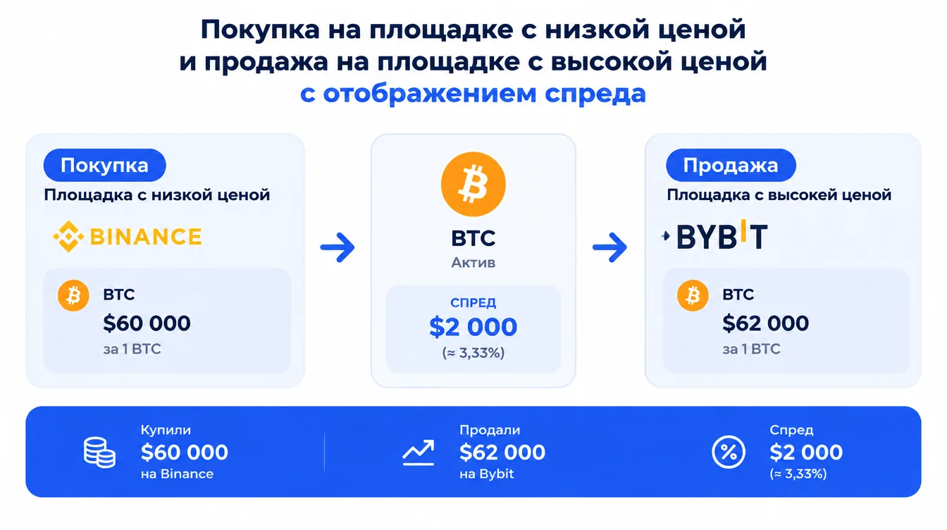 Схема: покупка актива на площадке с низкой ценой и продажа на площадке с высокой ценой с отображением спреда