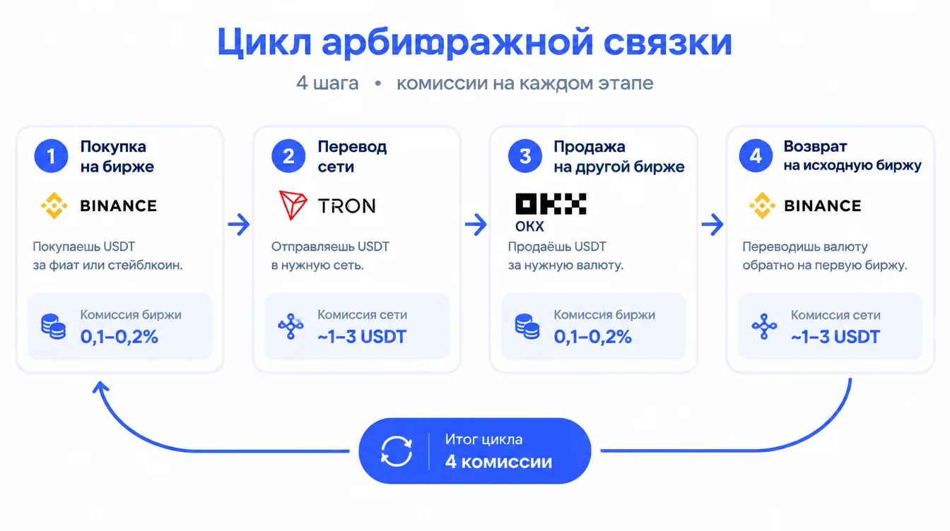 Схема: цикл арбитражной связки из четырёх шагов с указанием комиссий на каждом этапе