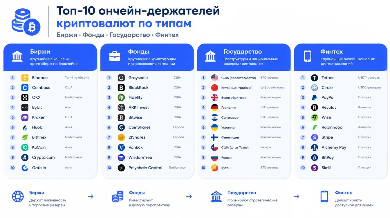 Диаграмма: топ-10 ончейн-держателей криптовалют по типам — биржи, фонды, государство, финтех