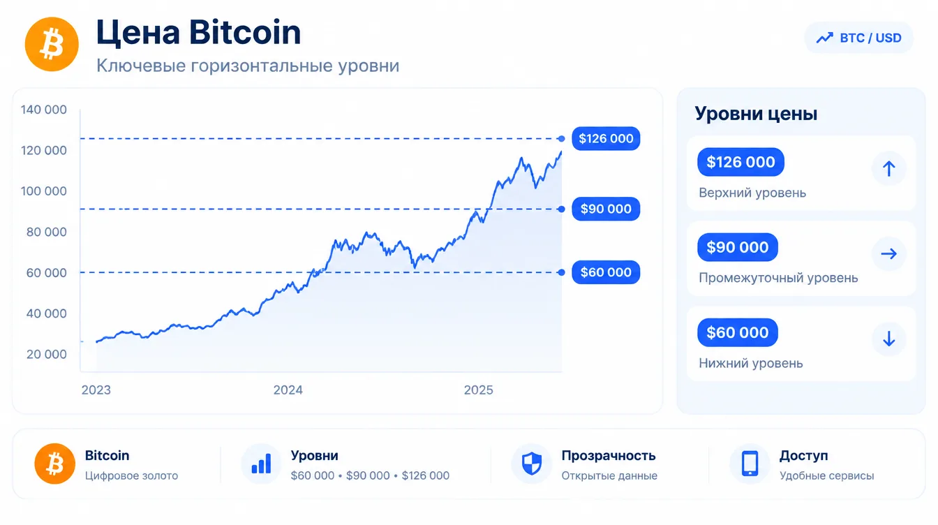 График: цена Bitcoin с подписанными горизонтальными уровнями $60 000, $90 000 и $126 000