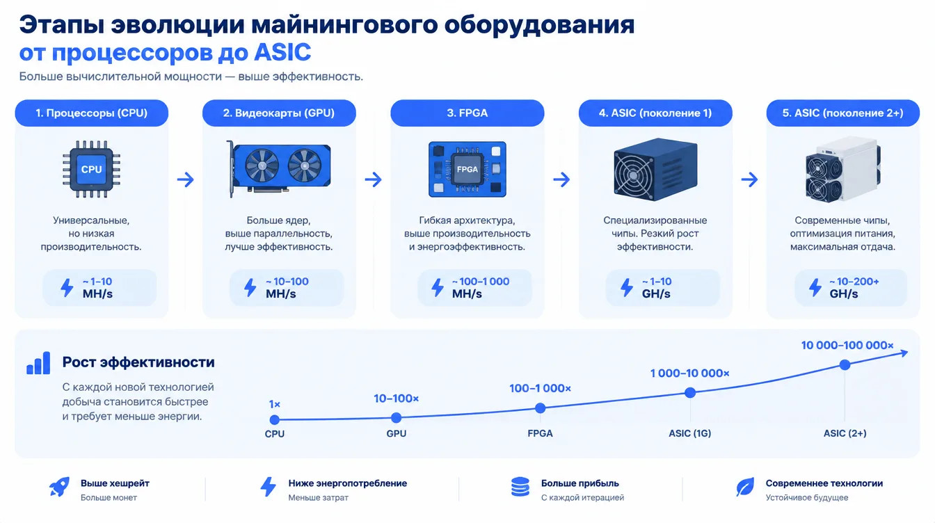 Схема: этапы эволюции майнингового оборудования от процессоров до ASIC с указанием роста эффективности