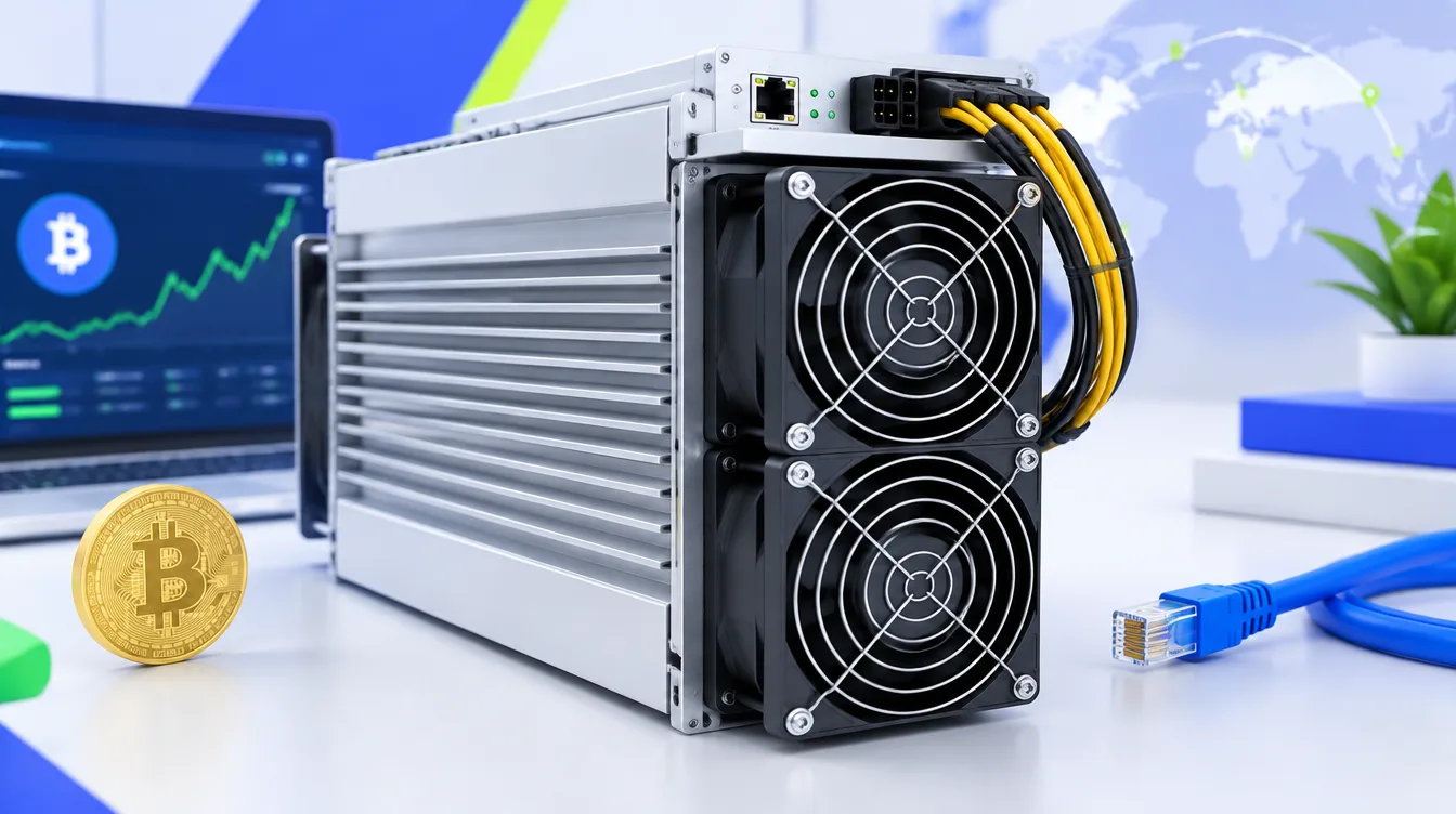 Фото: ASIC-майнер крупным планом с радиаторами, вентиляторами и разъёмами питания и сети