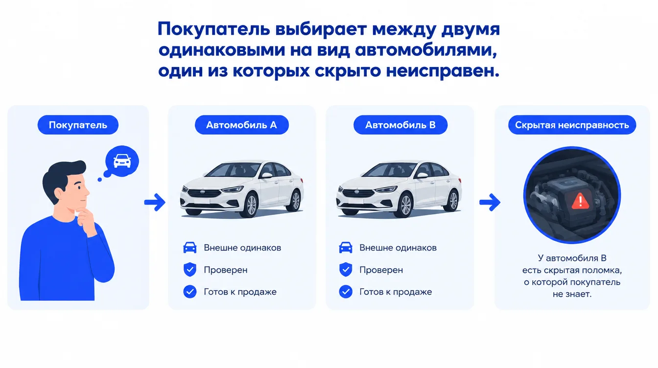 Схема: покупатель выбирает между двумя одинаковыми на вид автомобилями, один из которых скрыто неисправен