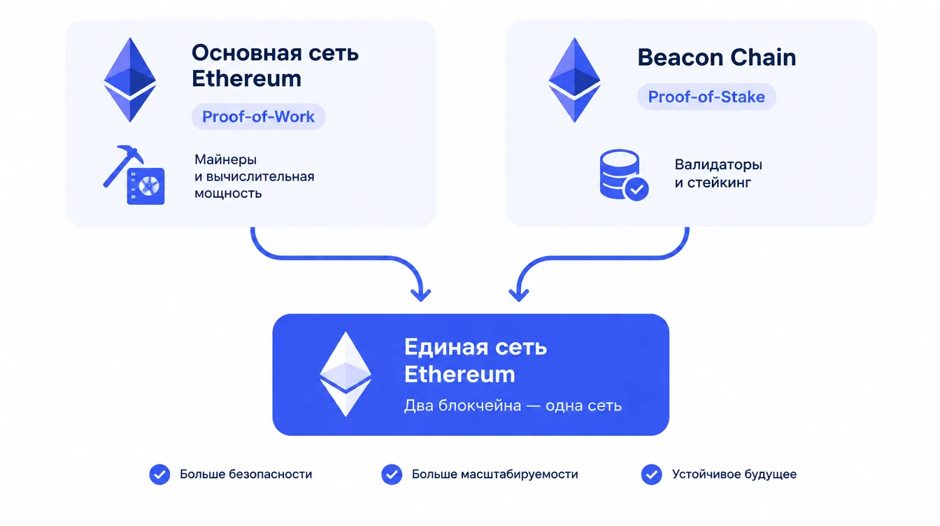 Схема: два блокчейна Ethereum — основная сеть на Proof-of-Work и Beacon Chain на Proof-of-Stake — соединяются в одну сеть