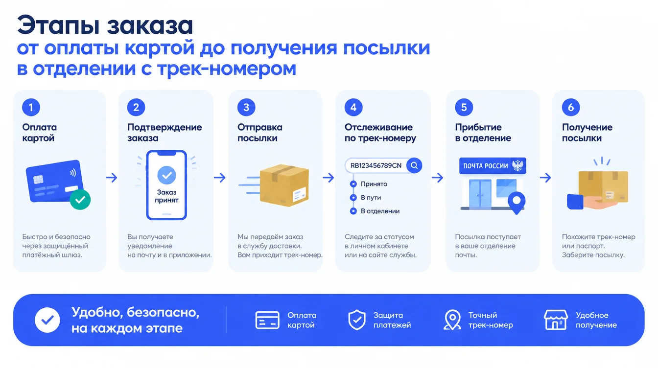 Схема: этапы заказа от оплаты картой до получения посылки в отделении с трек-номером