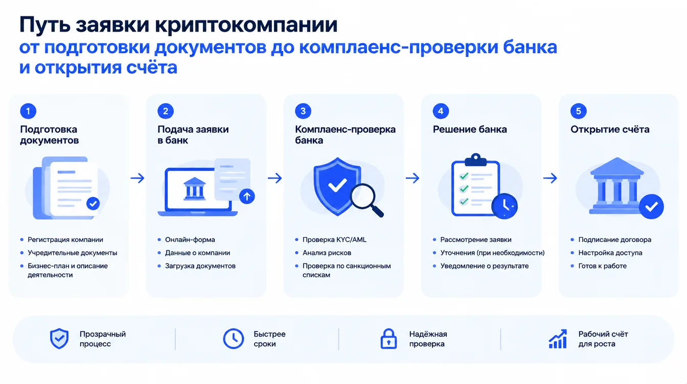 Схема: путь заявки криптокомпании от подготовки документов до комплаенс-проверки банка и открытия счёта