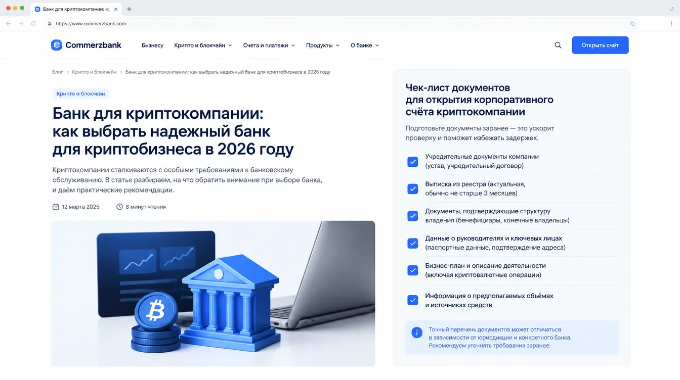 Скриншот: чек-лист документов для открытия корпоративного счёта криптокомпании