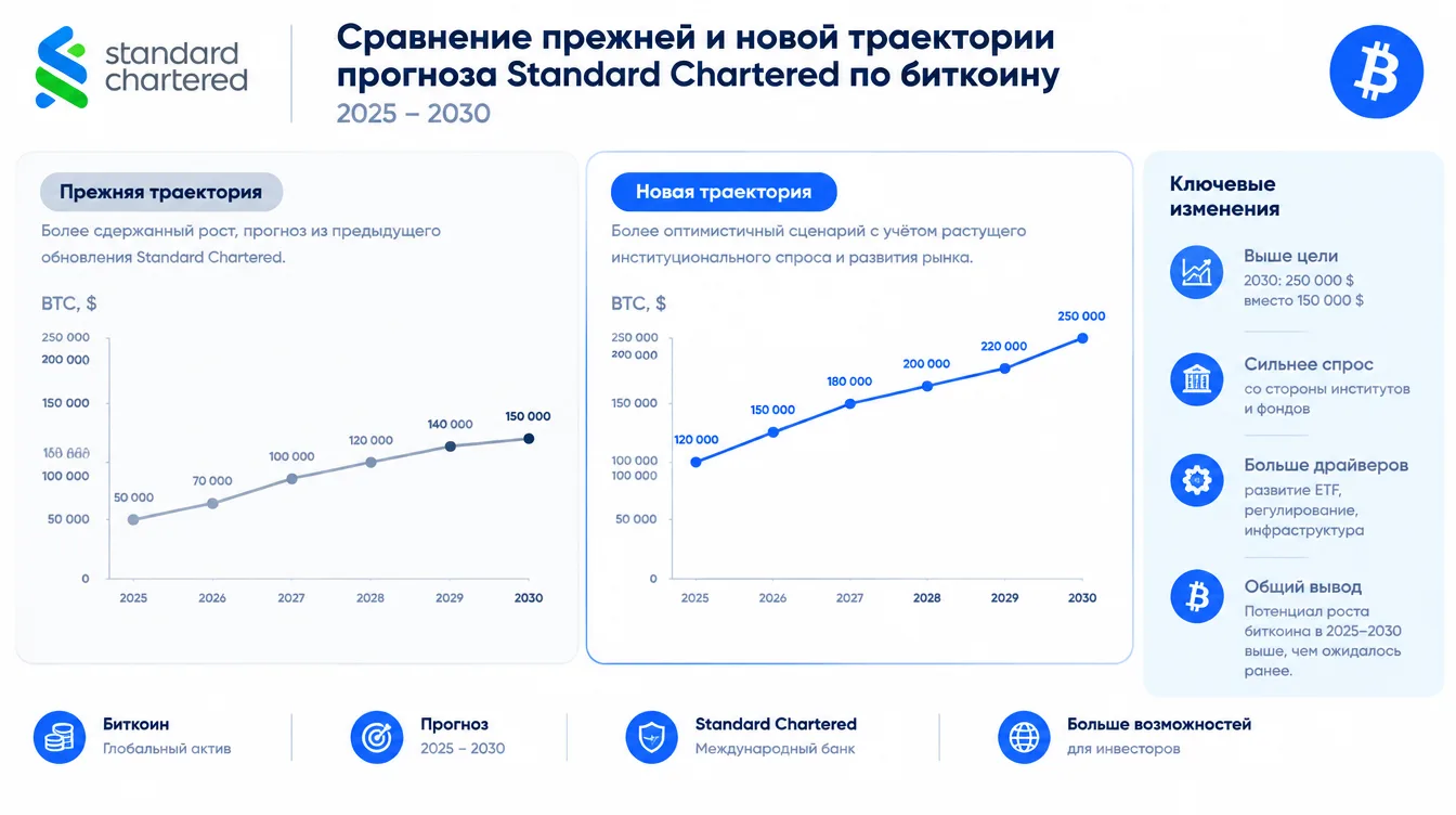 График: сравнение прежней и новой траектории прогноза Standard Chartered по биткоину с 2025 по 2030 год