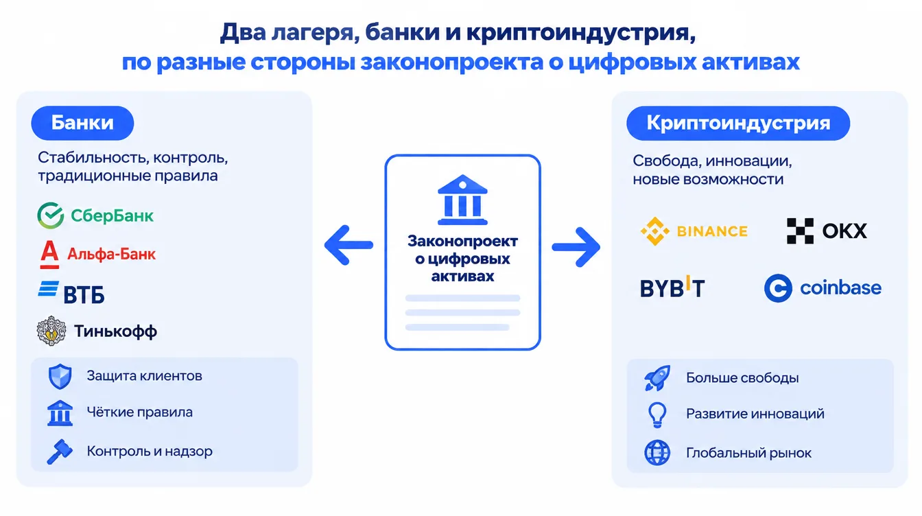 Схема: два лагеря, банки и криптоиндустрия, по разные стороны законопроекта о цифровых активах