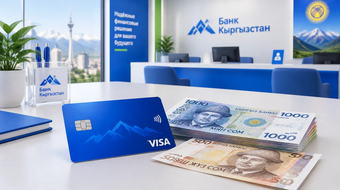 Фото: банковская карта Visa и сомы на столе в офисе банка в Бишкеке