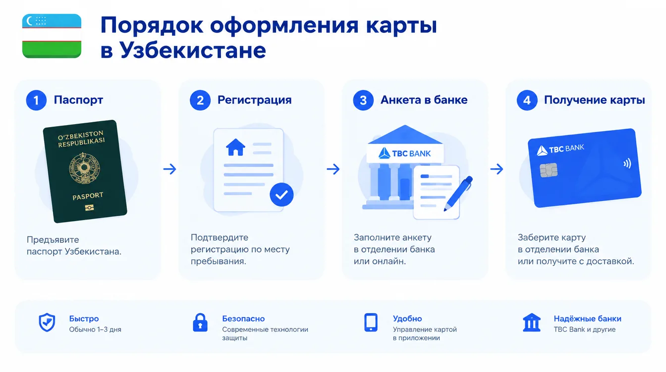 Схема: порядок оформления карты в Узбекистане — паспорт, регистрация, анкета в банке, получение карты