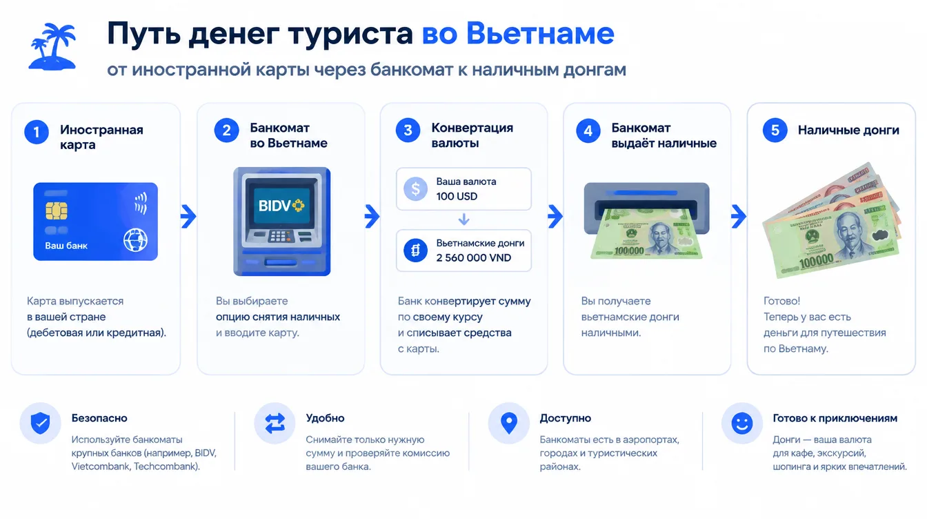 Схема: путь денег туриста во Вьетнаме от иностранной карты через банкомат к наличным донгам