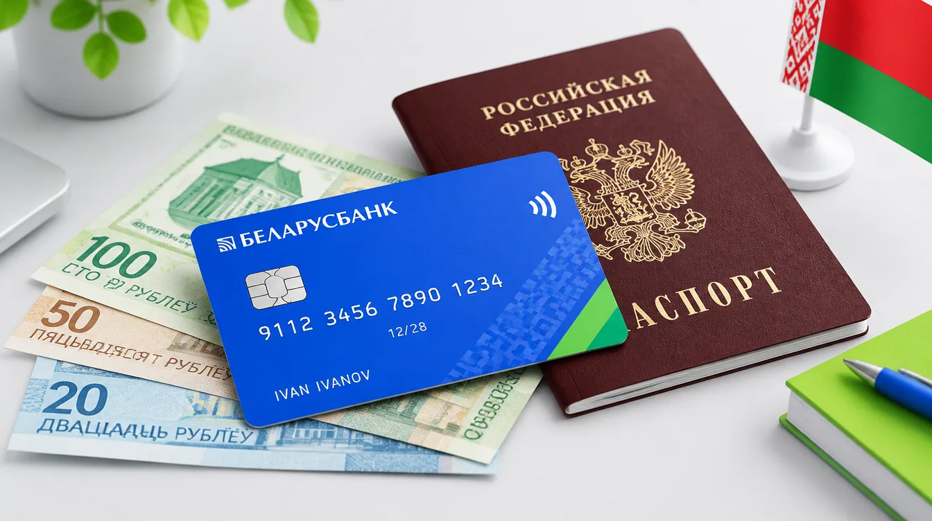 Фото: белорусская банковская карта на фоне паспорта гражданина России и банкноты в белорусских рублях