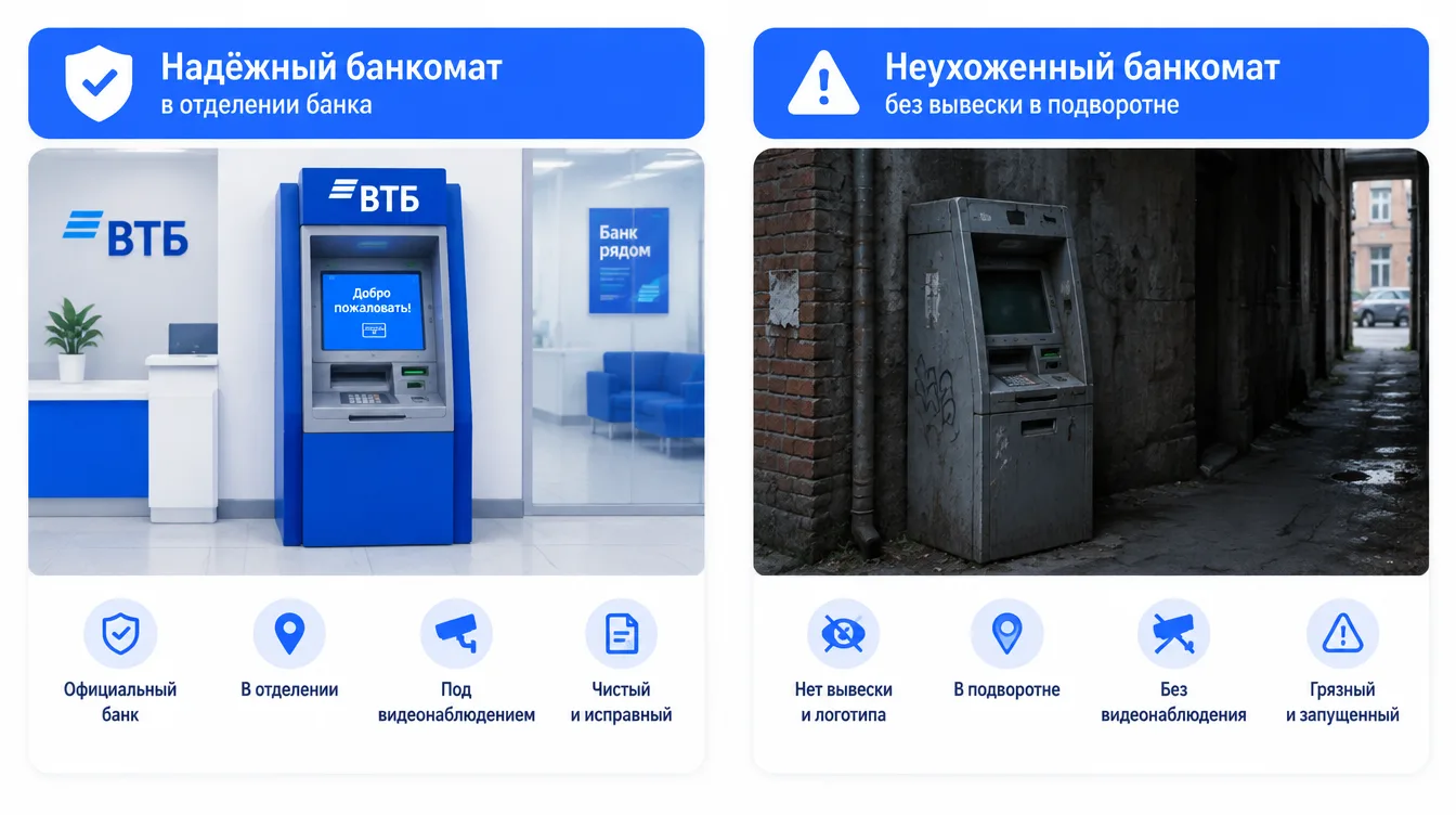 Сравнение: надёжный банкомат банка в отделении и неухоженный банкомат без вывески в подворотне