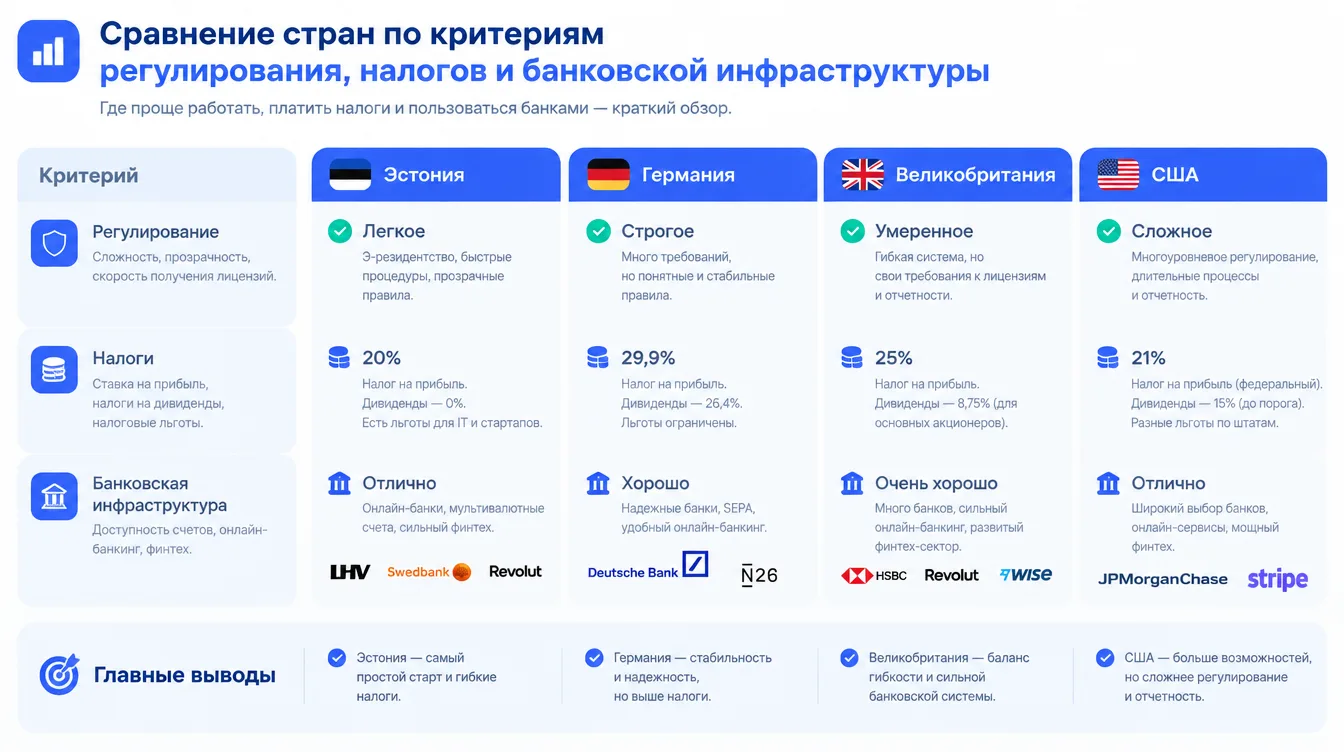 Таблица-инфографика: сравнение стран по критериям регулирования, налогов и банковской инфраструктуры