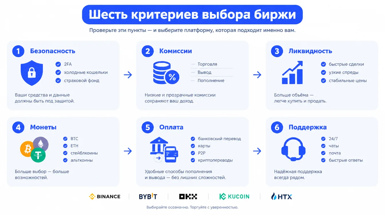 Схема-чек-лист: шесть критериев выбора биржи — безопасность, комиссии, ликвидность, монеты, оплата, поддержка