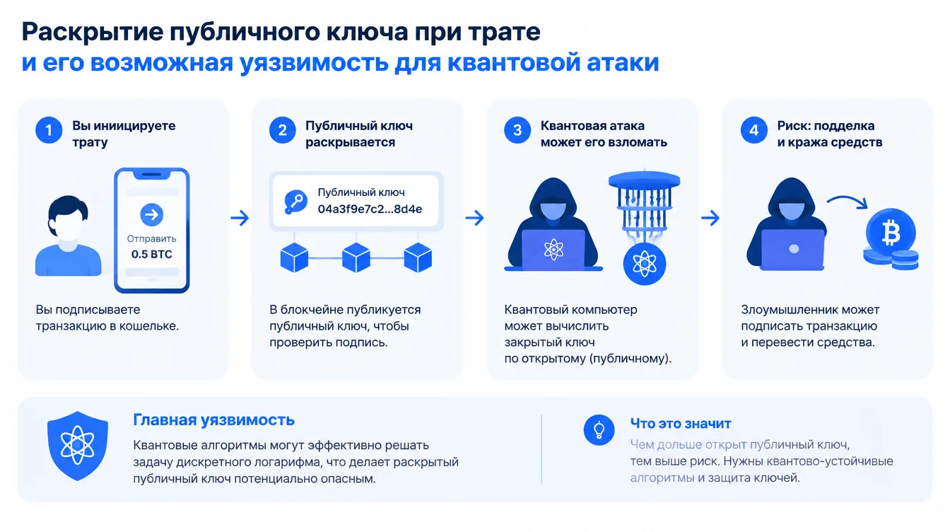 Схема: раскрытие публичного ключа при трате и его возможная уязвимость для квантовой атаки