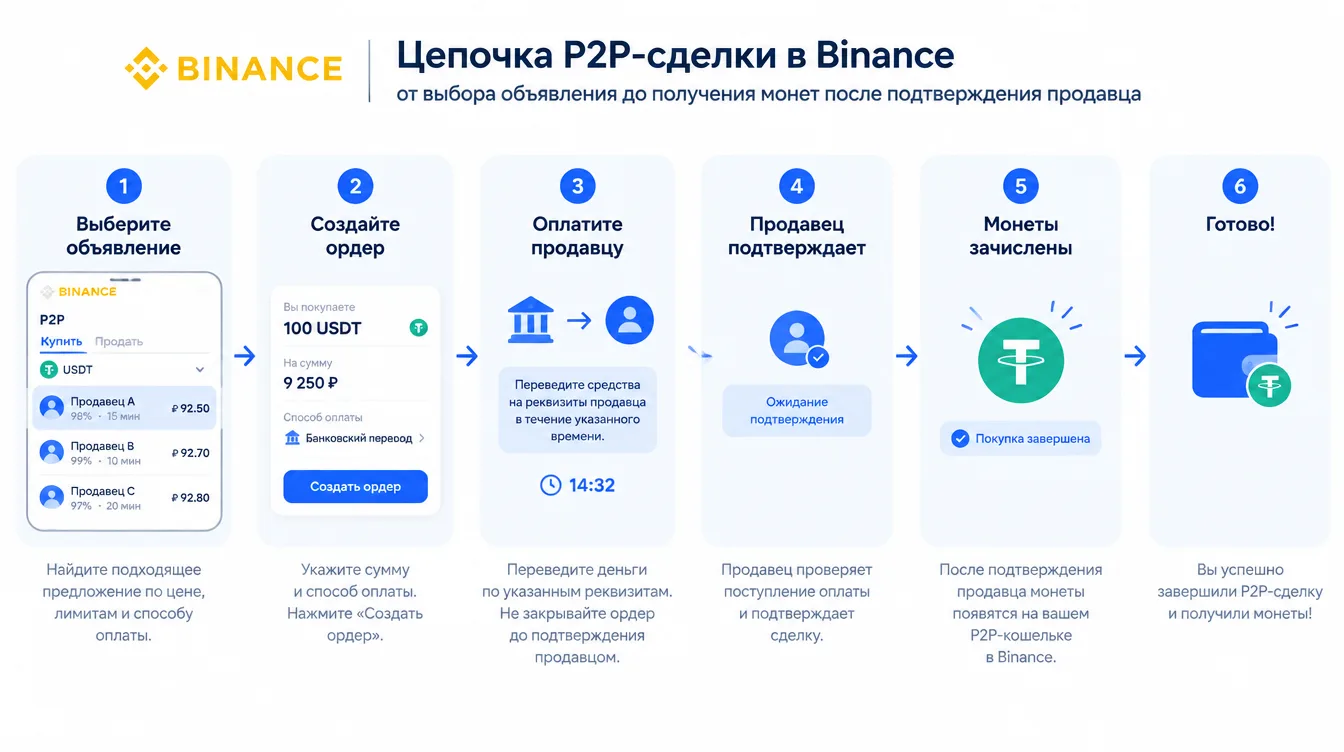 Схема: цепочка P2P-сделки в Binance от выбора объявления до получения монет после подтверждения продавца