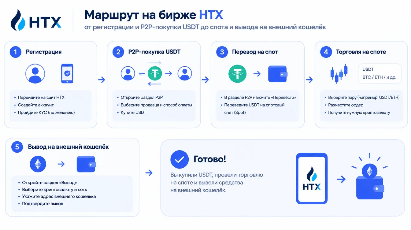 Схема: маршрут на бирже HTX от регистрации и P2P-покупки USDT до спота и вывода на внешний кошелёк