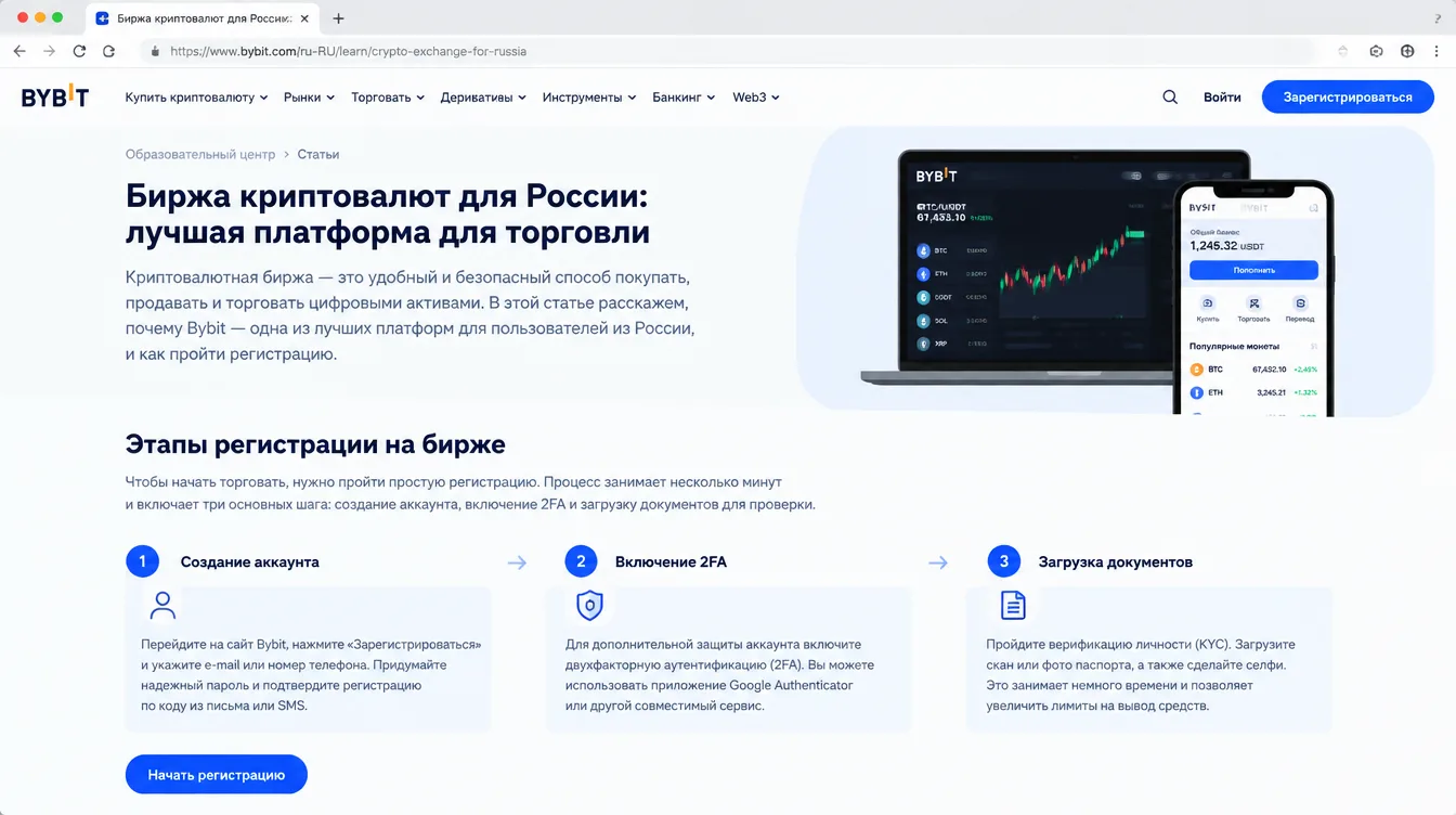 Скриншот: этапы регистрации на бирже — создание аккаунта, включение 2FA и загрузка документов для проверки