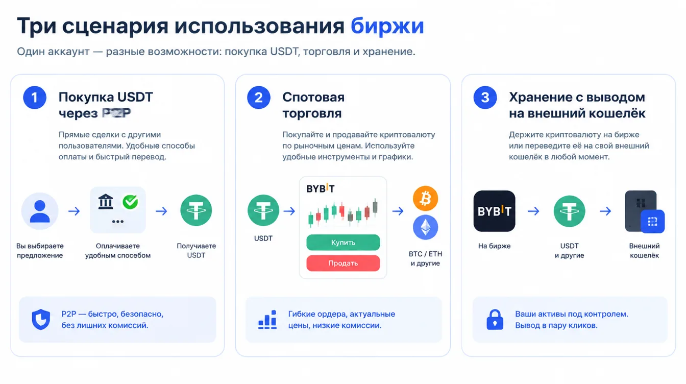 Схема: три сценария использования биржи — покупка USDT через P2P, спотовая торговля и хранение с выводом на внешний кошелёк