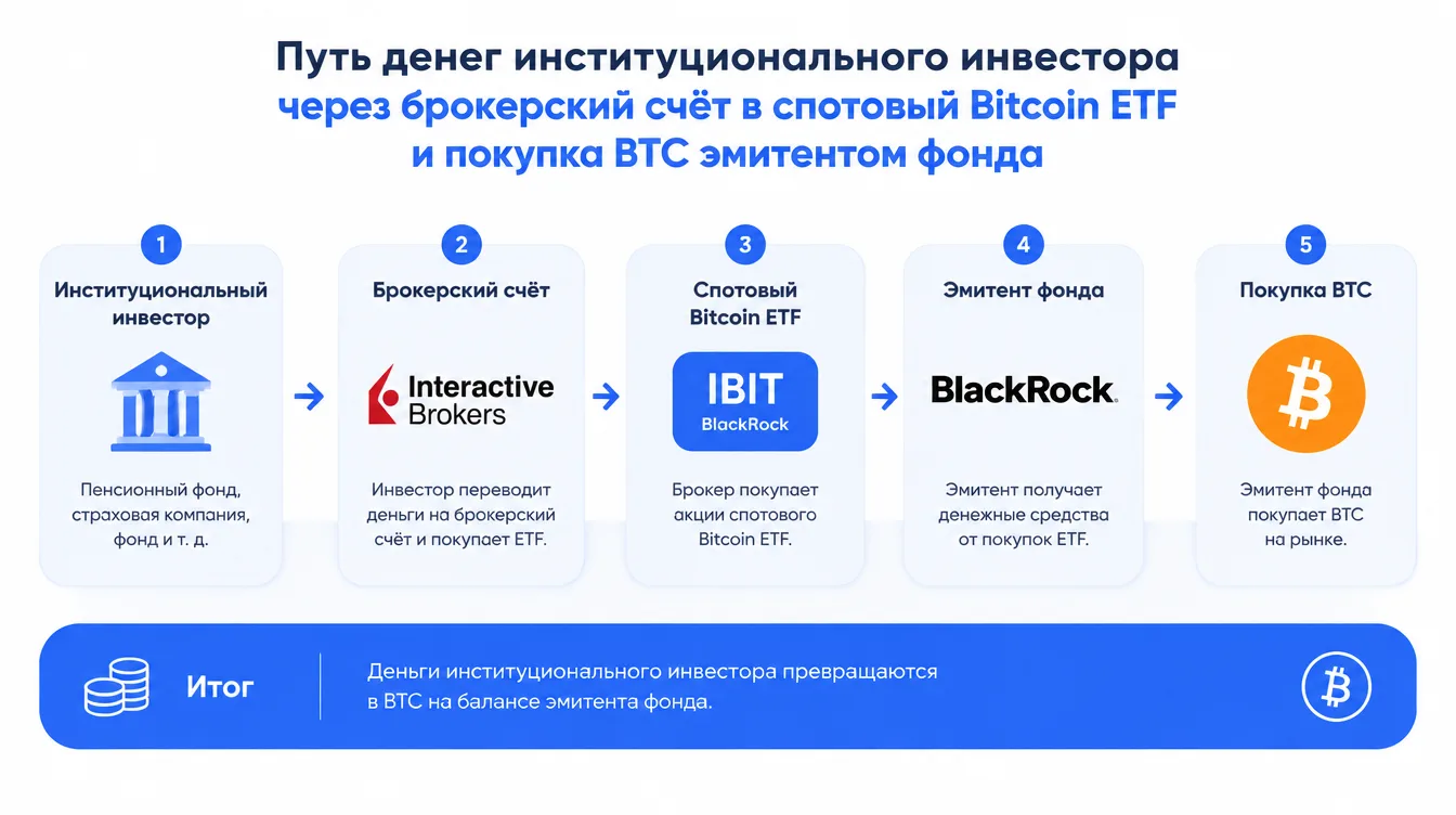 Схема: путь денег институционального инвестора через брокерский счёт в спотовый Bitcoin ETF и покупка BTC эмитентом фонда