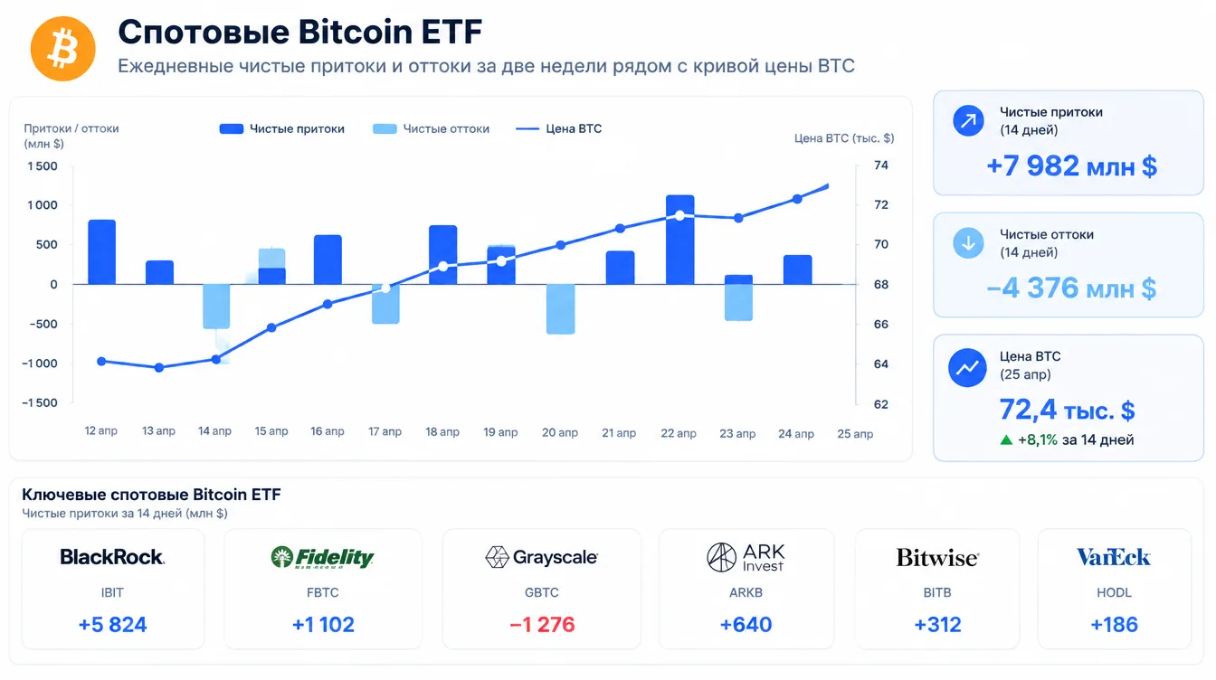 График-заглушка: ежедневные чистые притоки и оттоки спотовых Bitcoin ETF за две недели рядом с кривой цены BTC