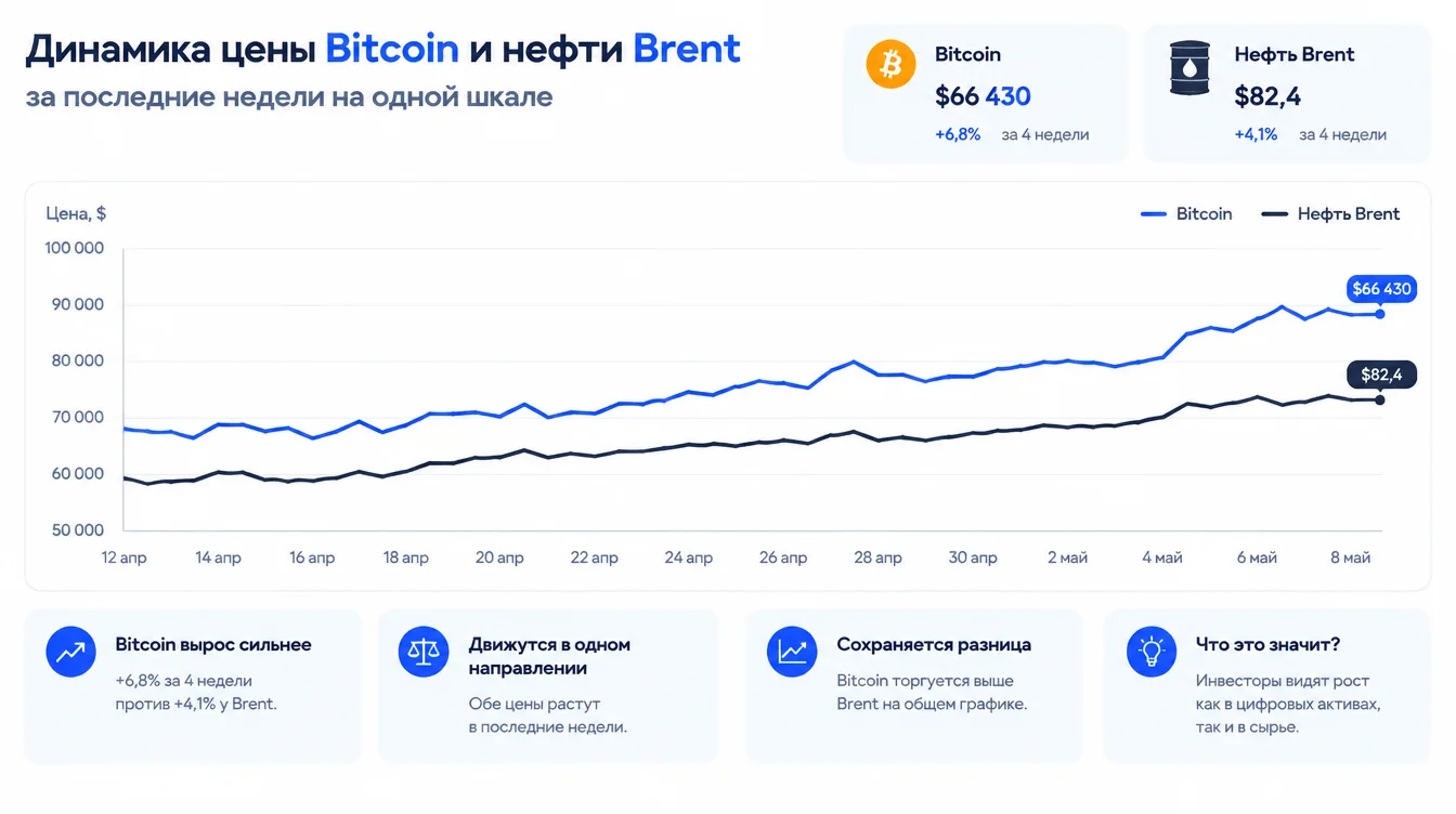 График: динамика цены Bitcoin и нефти Brent за последние недели на одной шкале