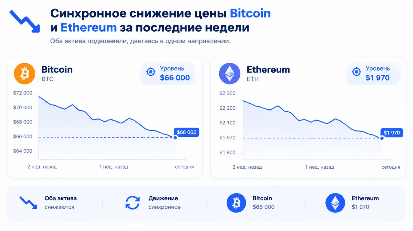 График: синхронное снижение цены Bitcoin и Ethereum за последние недели с отмеченными уровнями $66 000 и $1 970