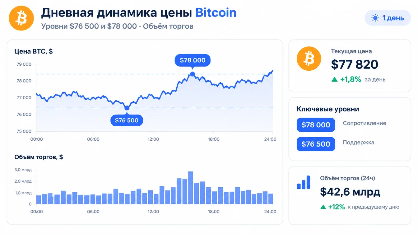 График: дневная динамика цены Bitcoin с отмеченными уровнями $76 500 и $78 000 и объёмом торгов
