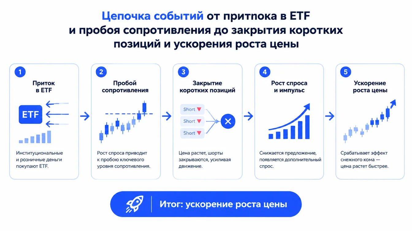 Схема: цепочка событий от притока в ETF и пробоя сопротивления до закрытия коротких позиций и ускорения роста цены