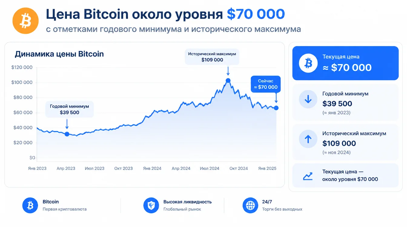 График: цена Bitcoin около уровня $70 000 с отметками годового минимума и исторического максимума