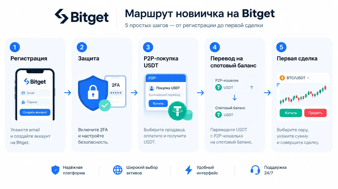 Схема: маршрут новичка на Bitget — регистрация, защита, P2P-покупка USDT, перевод на спотовый баланс, первая сделка