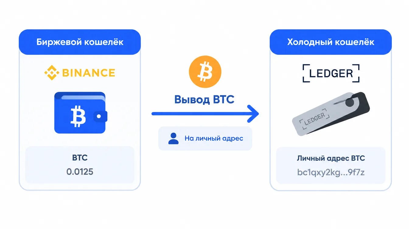 Схема: биржевой кошелёк рядом с холодным кошельком, стрелка вывода BTC на личный адрес