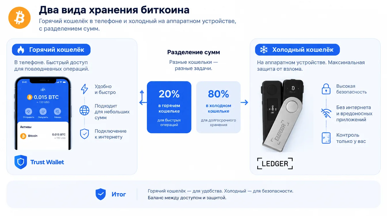 Схема: два вида хранения биткоина — горячий кошелёк в телефоне и холодный на аппаратном устройстве, с разделением сумм